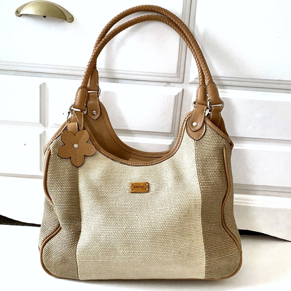Relic Woven Leather Handbag Shoulder Bag Satchel Purse Flower Charm Tan Bag